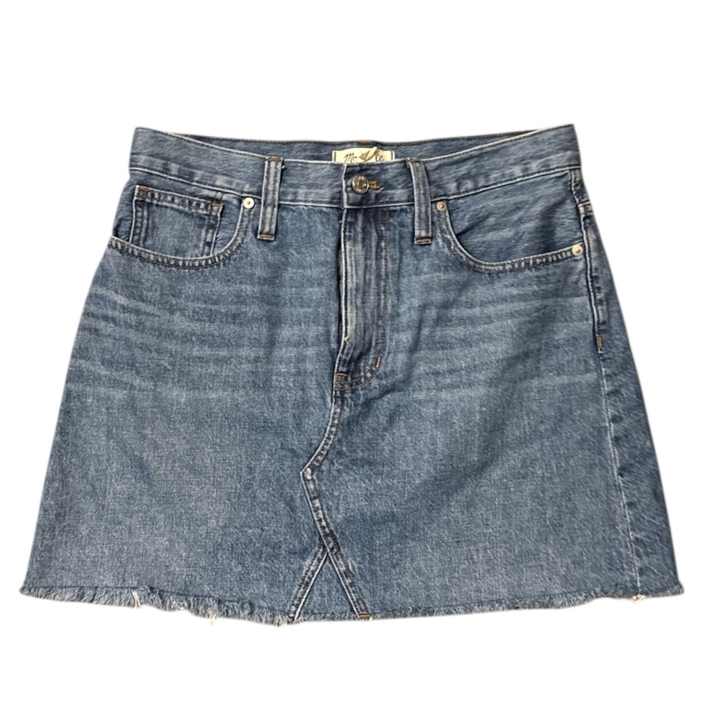 MADEWELL Women's Rigid Denim A-Line Jean Skirt Medium Wash Raw Fray Hem 29
